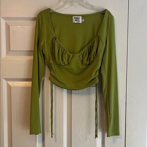 Princess Polly Green Ribbed Long-Sleeve Side-Ruched Crop Top Size 6